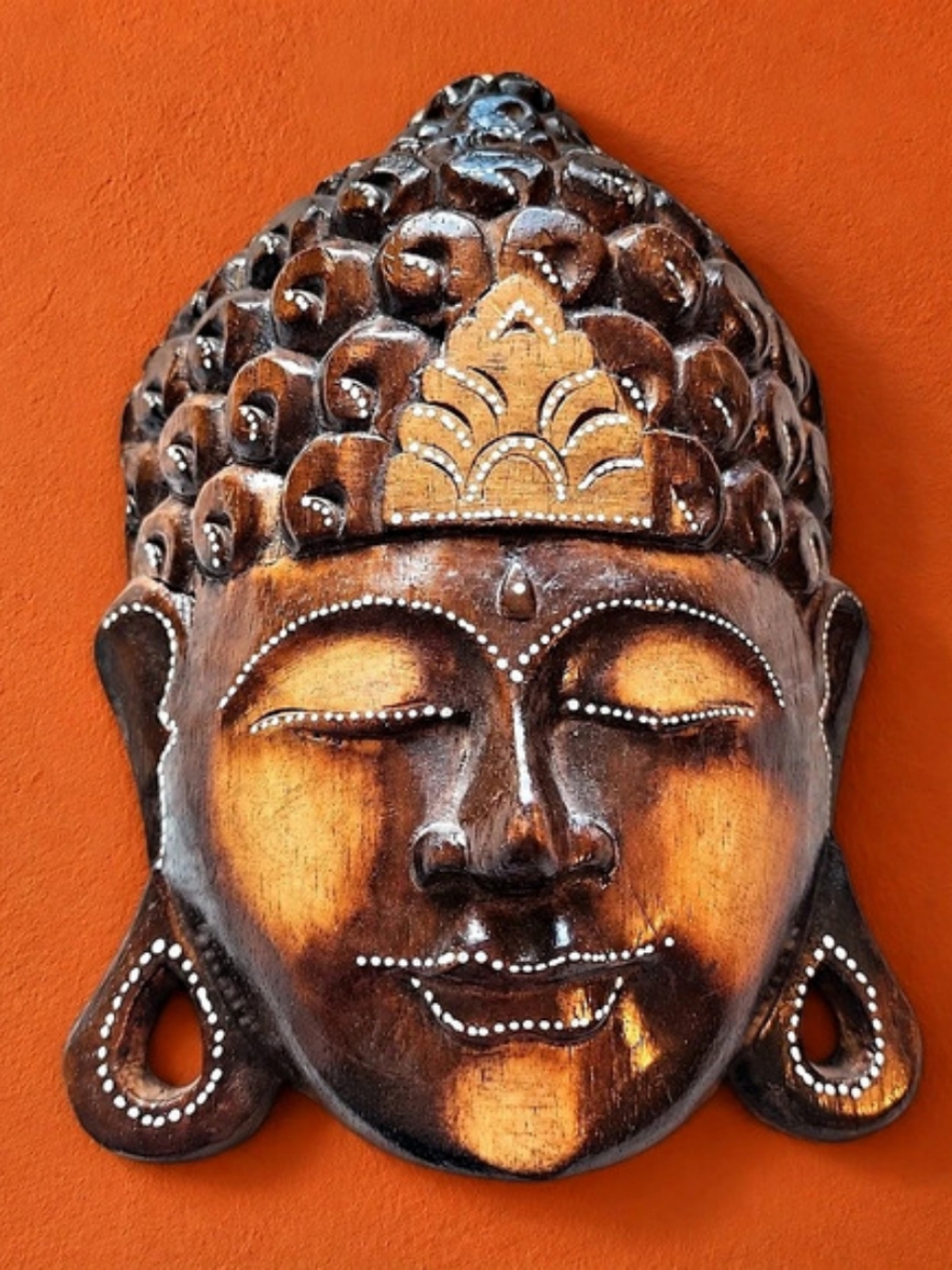 Carved Wooden Buddha Face Wall Hanging, Brown and Gold Tones with White Dot